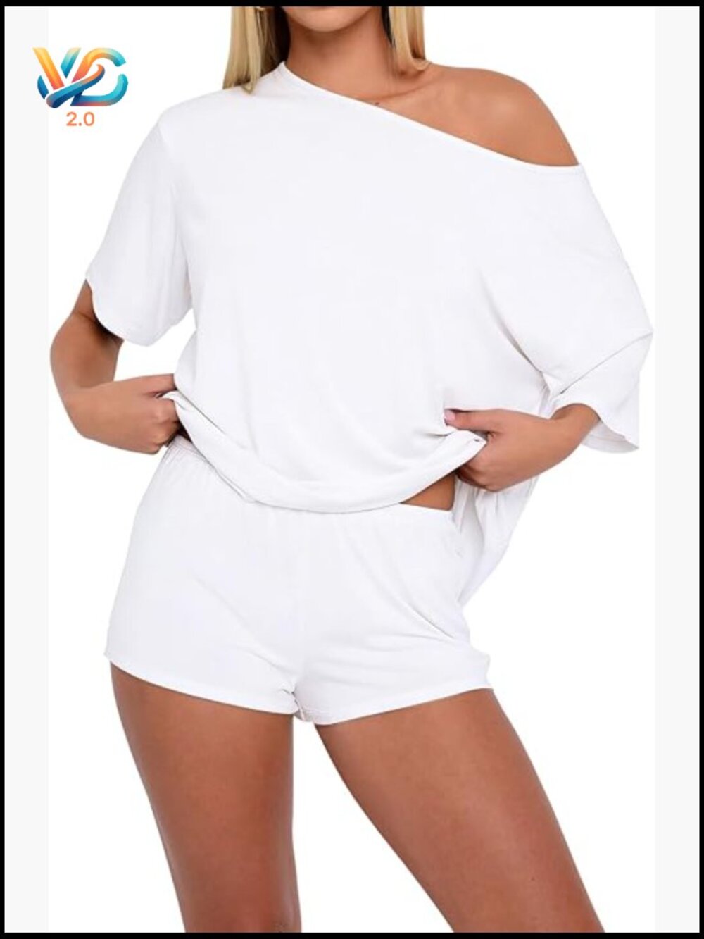 Off Shoulder 2 Piece Lounge Set Oversized Tee Shorts Summer Pajama Sleepwear
